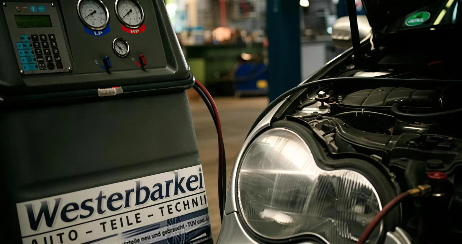 Klimaservice-Gerät mit der Aufschrift Westerbarkei Auto-Teile-Technik